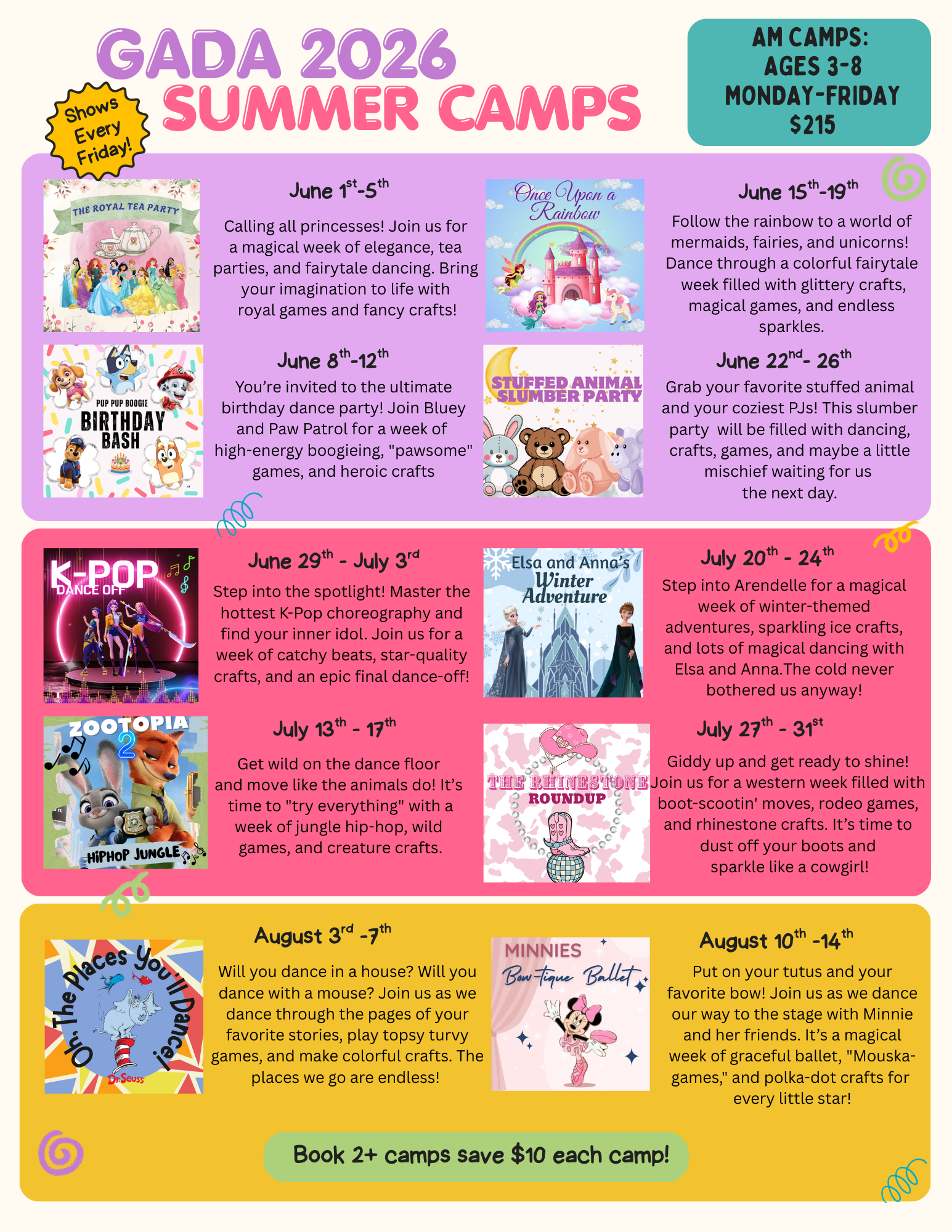 GADA 2026 Summer Camps — Morning camps for ages 3 to 8, Monday through Friday, $215 per week